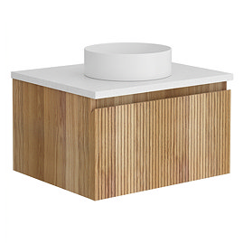 Osaka Slatted Oak 500mm Wall Hung Vanity with White Stone Worktop & Round Countertop Basin