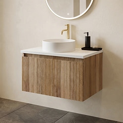 Osaka Slatted Oak 500mm Wall Hung Vanity with White Stone Worktop & Round Countertop Basin