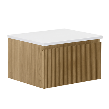 Osaka Slatted Oak 500mm Wall Mounted Countertop Vanity Unit with 1 Drawer and White Stone Worktop