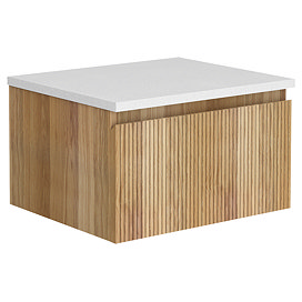 Osaka Slatted Oak 500mm Wall Hung 1-Drawer Countertop Vanity Unit with White Stone Worktop