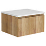 Osaka Slatted Oak 500mm Wall Hung 1-Drawer Countertop Vanity Unit with White Stone Worktop