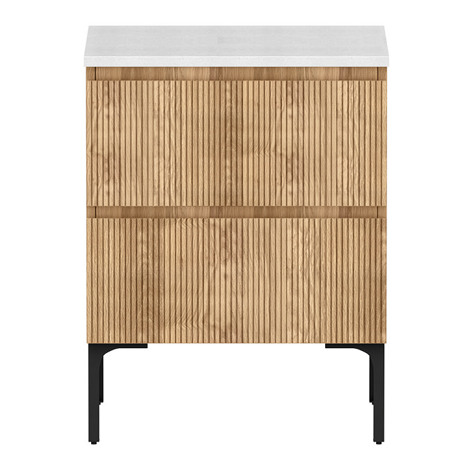 Osaka Slatted Oak 600mm Freestanding Vanity with White Stone Worktop & Round Countertop Basin