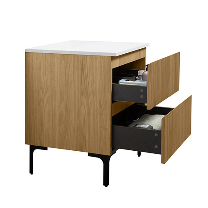 Osaka Slatted Oak 600mm Freestanding Vanity with White Stone Worktop & Round Countertop Basin