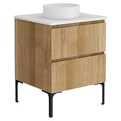 Osaka Slatted Oak 600mm Freestanding Vanity with White Stone Worktop & Round Countertop Basin