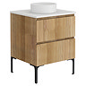 Osaka Slatted Oak 600mm Freestanding Vanity with White Stone Worktop & Round Countertop Basin