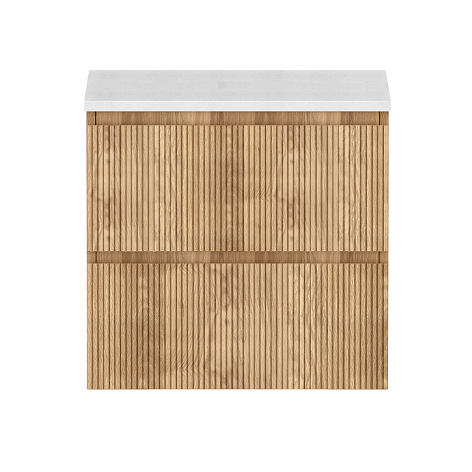 Osaka Slatted Oak 600mm Wall Hung 2-Drawer Countertop Vanity Unit with White Stone Worktop
