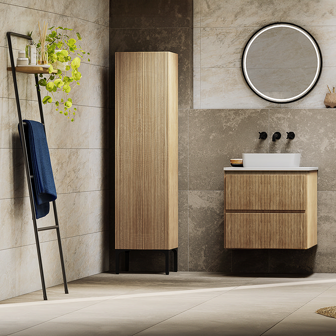 Osaka Slatted Oak 600mm Wall Hung 2-Drawer Countertop Vanity Unit with White Stone Worktop