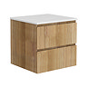 Osaka Slatted Oak 600mm Wall Hung 2-Drawer Countertop Vanity Unit with White Stone Worktop