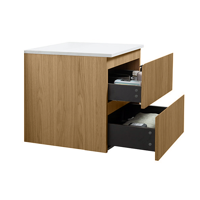 Osaka Slatted Oak 600mm Wall Hung Vanity with White Stone Worktop & Round Countertop Basin