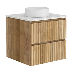 Osaka Slatted Oak 600mm Wall Hung Vanity with White Stone Worktop & Round Countertop Basin