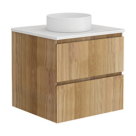 Osaka Slatted Oak 600mm Wall Hung Vanity with White Stone Worktop & Round Countertop Basin