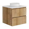 Osaka Slatted Oak 600mm Wall Hung Vanity with White Stone Worktop & Round Countertop Basin