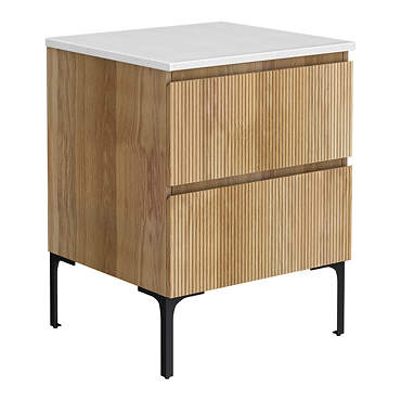 Osaka Slatted Oak 600mm 2-Drawer Countertop Vanity Unit with White Stone Worktop