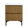 Osaka Slatted Oak 600mm 2-Drawer Vanity Unit with White Stone Worktop and Square Basin