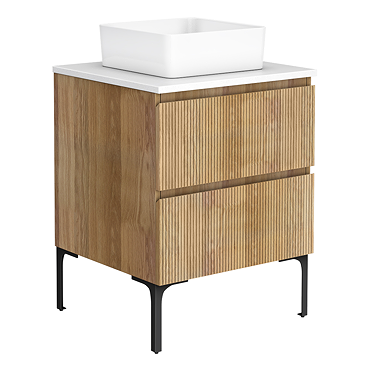 Osaka Slatted Oak 600mm 2-Drawer Vanity Unit with White Stone Worktop and Square Basin