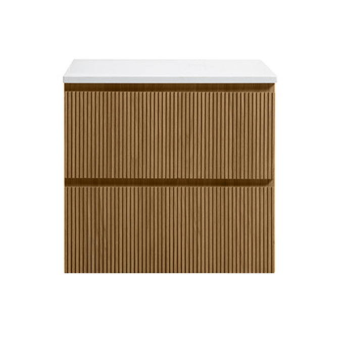 Osaka Slatted Oak 600mm Wall Hung 2-Drawer Countertop Vanity Unit with White Stone Worktop and Square Basin