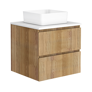 Osaka Slatted Oak 600mm Wall Hung 2-Drawer Countertop Vanity Unit with White Stone Worktop and Square Basin