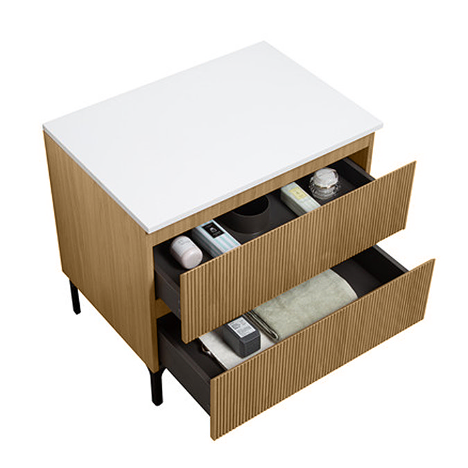 Osaka Slatted Oak 800mm Freestanding Vanity with White Stone Worktop & Oval Countertop Basin