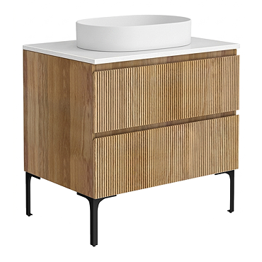 Osaka Slatted Oak 800mm Freestanding Vanity with White Stone Worktop & Oval Countertop Basin