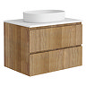 Osaka Slatted Oak 800mm Wall Hung Vanity with White Stone Worktop & Oval Countertop Basin