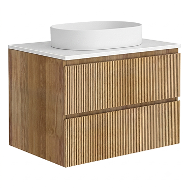 Osaka Slatted Oak 800mm Wall Hung Vanity with White Stone Worktop & Oval Countertop Basin