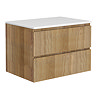 Osaka Slatted Oak 800mm 2-Drawer Countertop Vanity Unit with White Stone Worktop