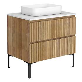 Osaka Slatted Oak 800mm 2-Drawer Vanity Unit with White Stone Worktop and Rectangular Basin