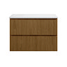 Osaka Slatted Oak 800mm Wall Hung 2-Drawer Countertop Vanity Unit with White Stone Worktop and Rectangular Basin