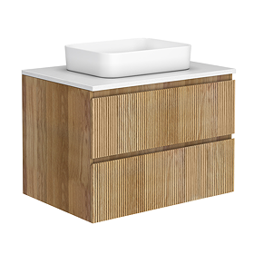 Osaka Slatted Oak 800mm Wall Hung 2-Drawer Countertop Vanity Unit with White Stone Worktop and Rectangular Basin