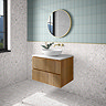 Osaka Slatted Oak 800mm Wall Hung 2-Drawer Countertop Vanity Unit with White Stone Worktop