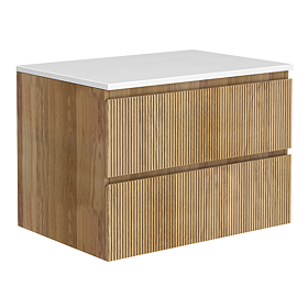 Osaka Slatted Oak 800mm Wall Hung 2-Drawer Countertop Vanity Unit with White Stone Worktop