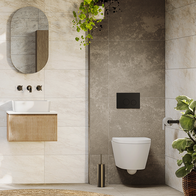 Osaka Slatted Oak Effect 500mm Wall-Hung 1-Drawer Vanity Unit with White Granite Stone Worktop + Gloss White Basin