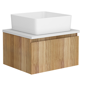 Osaka Slatted Oak Effect 500mm Wall-Hung 1-Drawer Vanity Unit with White Granite Stone Worktop + Gloss White Basin