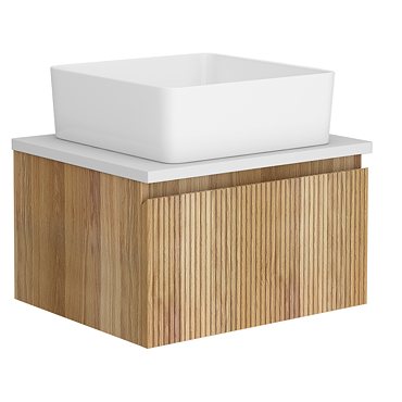Osaka Slatted Oak Effect 500mm Wall-Hung 1-Drawer Vanity Unit with White Granite Stone Worktop + Gloss White Basin