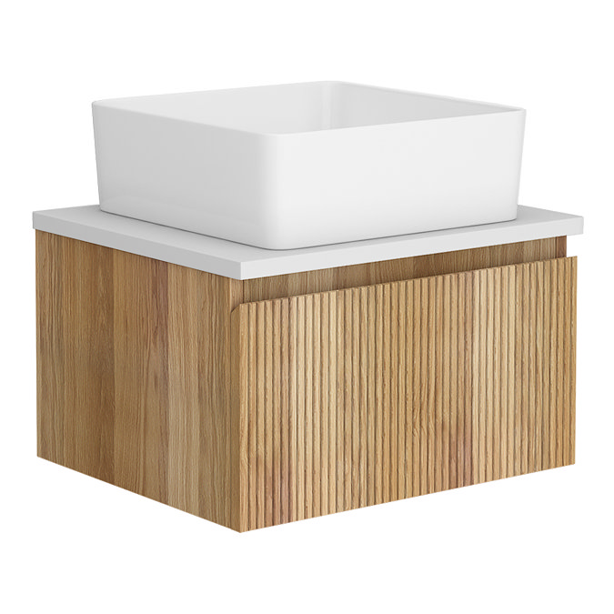 Osaka Slatted Oak 500mm Wall Hung 1 Drawer Vanity Unit with White Granite Stone Worktop + Gloss White Basin