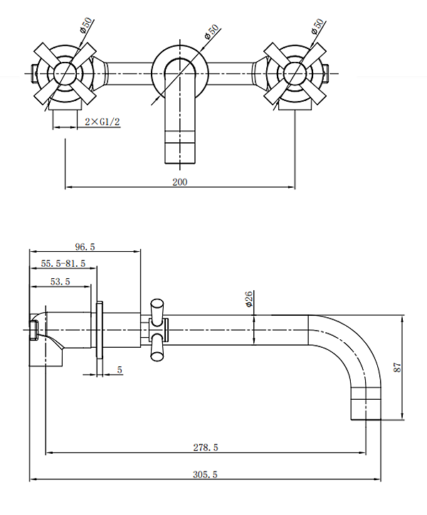 Pablo Crosshead Chrome Wall Mounted (3TH) Basin Mixer Tap