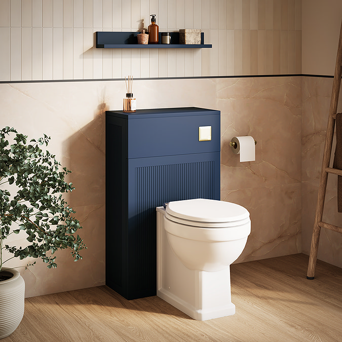 Padstow 500mm Slatted WC Toilet Unit Set – Satin Indigo Blue with Concealed Cistern, Brushed Brass Flush & Trafalgar Pan