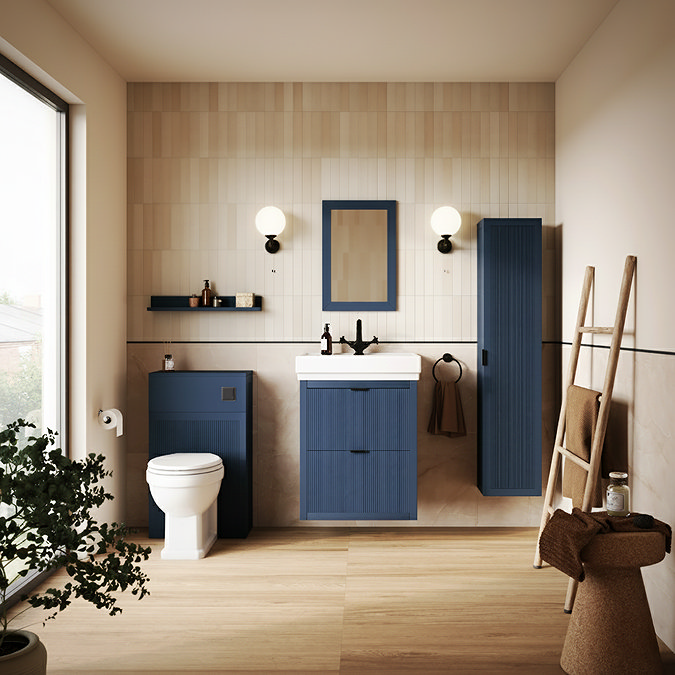 Padstow 500mm Slatted WC Toilet Unit Set – Satin Indigo Blue with Concealed Cistern, Matt Black Flush & Trafalgar Pan