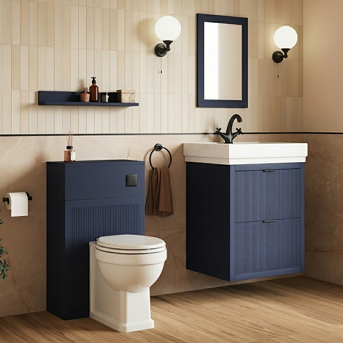 Padstow 610mm Vanity Unit & Toilet Set – Satin Blue, Wall Hung, Matt Black Flush & Handles