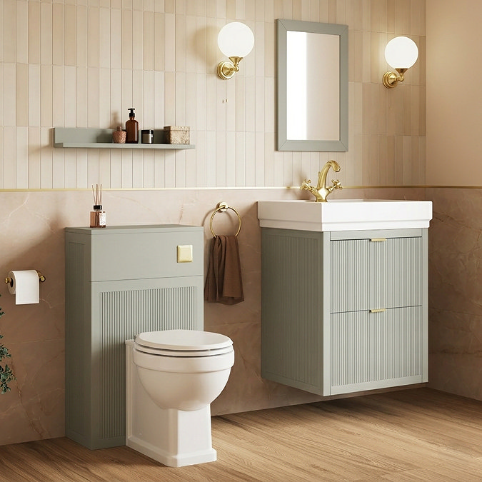 Padstow 610mm Vanity Unit & Toilet Set – Satin Grey, Wall Hung, Brushed Brass Flush & Handles