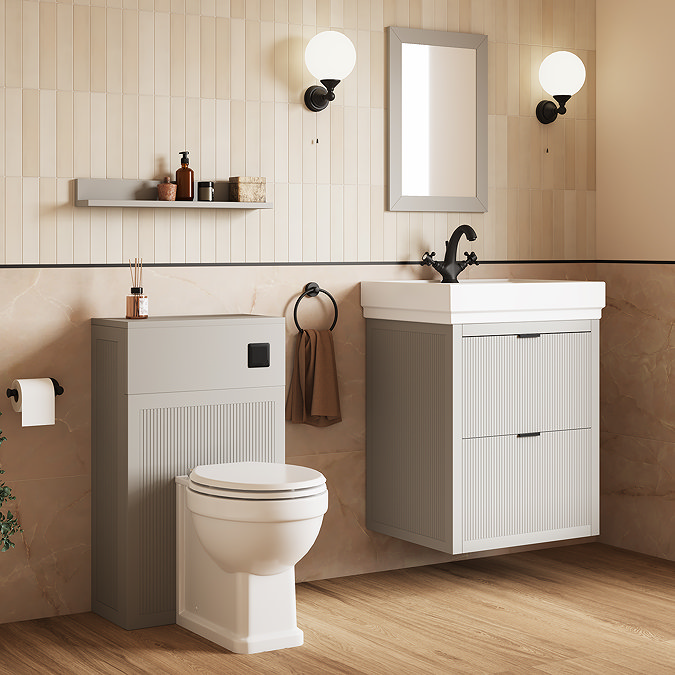 Padstow 610mm Vanity Unit & Toilet Set – Satin Grey, Wall Hung, Matt Black Flush & Handles