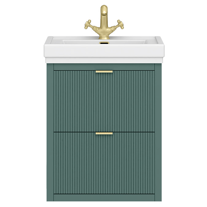 Padstow 610mm Wall Hung Vanity Unit - Satin Green, Slatted 2-Drawer with Brushed Brass Handles & Ceramic Basin