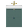 Padstow 610mm Wall Hung Vanity Unit - Satin Green, Slatted 2-Drawer with Brushed Brass Handles & Ceramic Basin