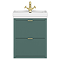 Padstow 610mm Wall Hung Vanity Unit - Satin Green, Slatted 2-Drawer with Brushed Brass Handles & Ceramic Basin
