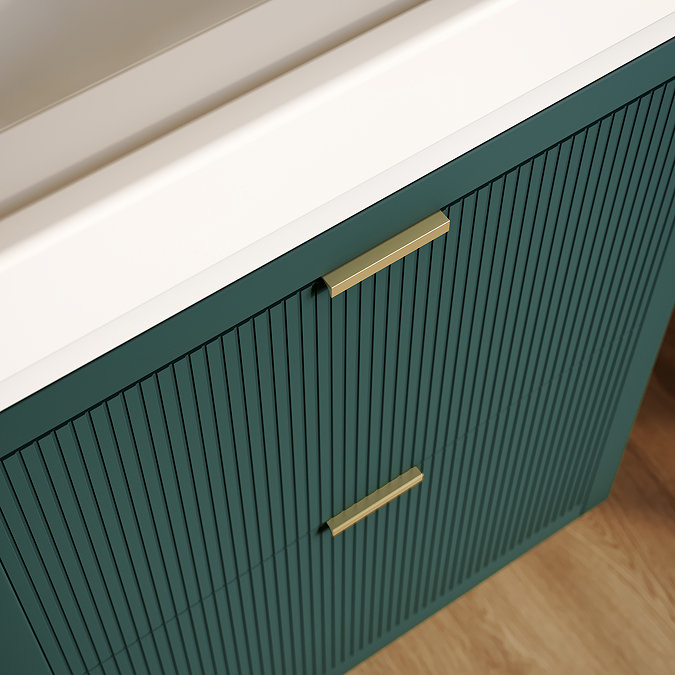 Padstow 610mm Wall Hung Vanity Unit - Satin Green, Slatted 2-Drawer with Brushed Brass Handles & Ceramic Basin