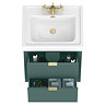 Padstow 610mm Wall Hung Vanity Unit - Satin Green, Slatted 2-Drawer with Brushed Brass Handles & Ceramic Basin