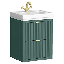 Padstow 610mm Wall Hung Vanity Unit - Satin Green, Slatted 2-Drawer with Brushed Brass Handles & Ceramic Basin