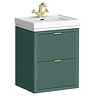 Padstow 610mm Wall Hung Vanity Unit - Satin Green, Slatted 2-Drawer with Brushed Brass Handles & Ceramic Basin