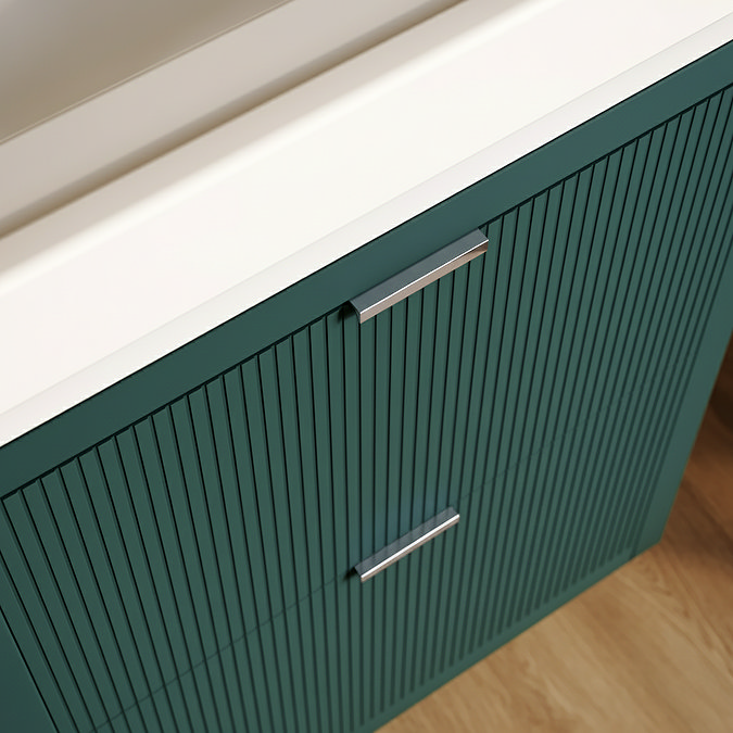 Padstow 610mm Wall Hung Vanity Unit - Satin Green, Slatted 2-Drawer with Chrome Handles & Ceramic Basin