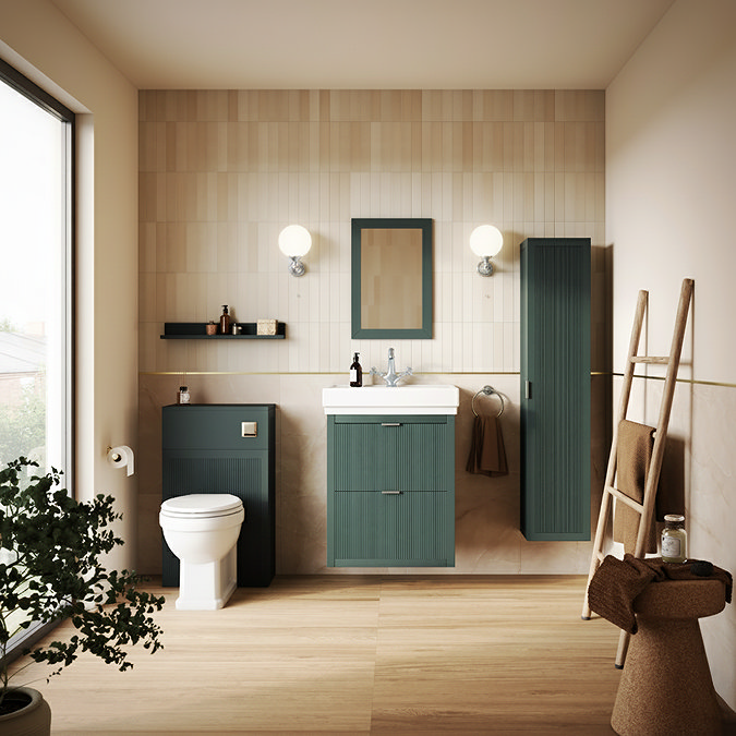 Padstow 610mm Wall Hung Vanity Unit - Satin Green, Slatted 2-Drawer with Chrome Handles & Ceramic Basin